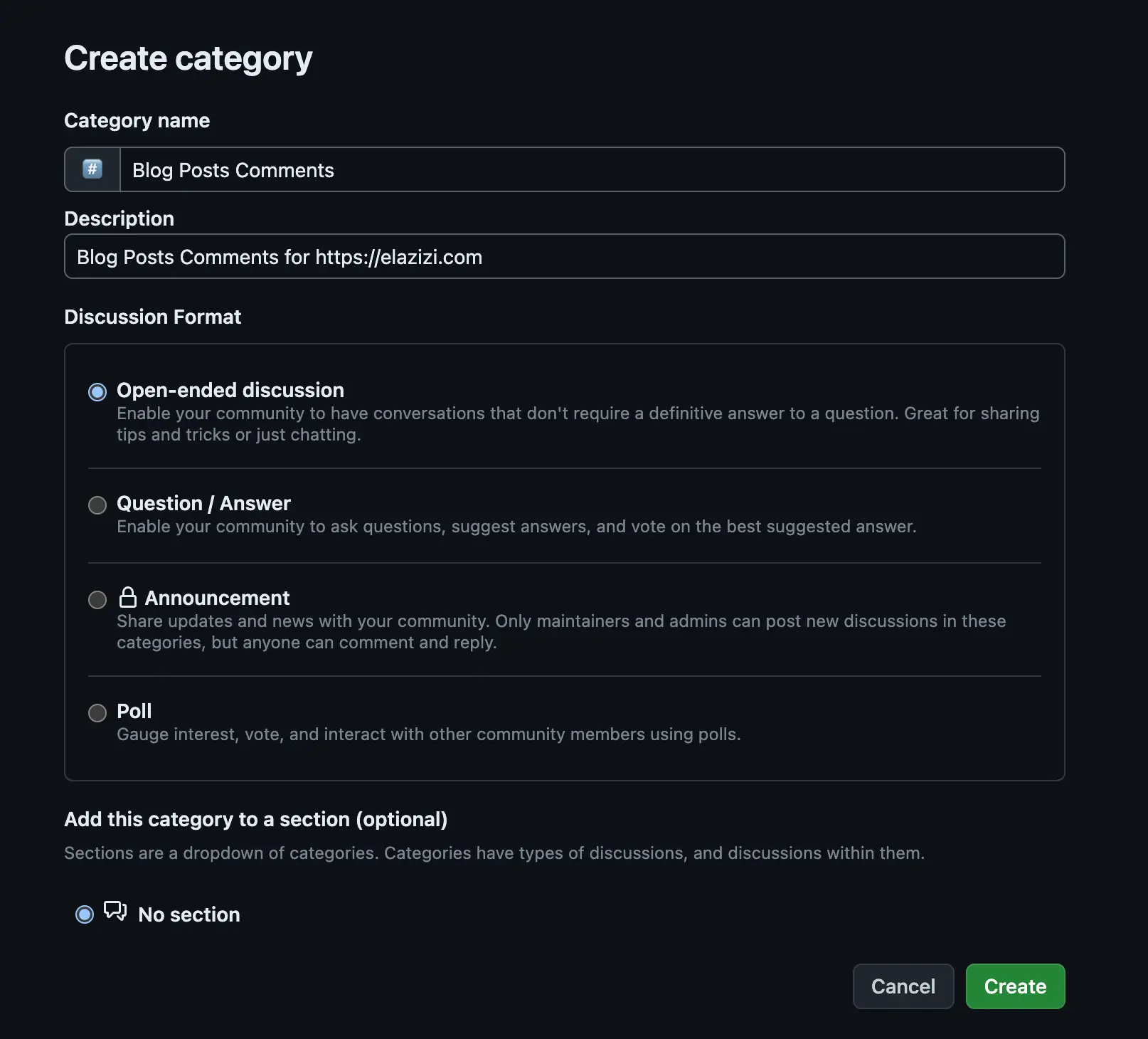 Create a new category for comments discussions